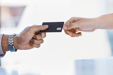 Image showing Corporate hands exchange credit card to accountant for payment for company tax bills, money loan and accounting fees. Businessman with banking card to invest in financial savings budget investment