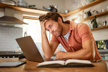 Image showing Stress, laptop finance and planning man thinking of home loan, investment savings and future money growth goals in house kitchen. Anxiety, burnout or sad guy with debt depression after trading budget