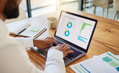 Image showing Man with marketing infographic, survey research and strategy planning on data laptop and stock graphs for tech report, chart and finance analytics in startup office. Business economy review online