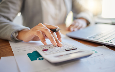 Image showing Finance, budget and accounting on a laptop and calculator with financial planner or advisor in an office. Accountant checking savings and business cost while writing notes, planning and control
