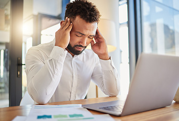 Image showing Stress, burnout and headache businessman on laptop with error, problem or frustrated job for work mental health awareness with lens flare. Tired, depressed manager at web tech company with lens flare