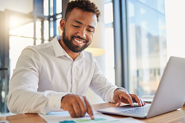 Image showing Stock market, accounting and fintech business man happy with company profit and statistics analysis data. Smile of a corporate accountant working on a laptop with financial software app and paperwork