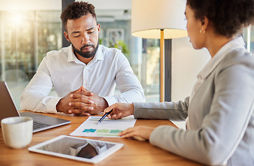 Image showing Accountant consulting an entrepreneur about company financial performance in an office using statistics. Finance advisor in a meeting having a business growth strategy discussion with businessman