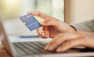 Image showing Ecommerce, fintech business woman with credit card and laptop doing online shopping, banking or online payment. Corporate hands, finance digital banking software and security information technology