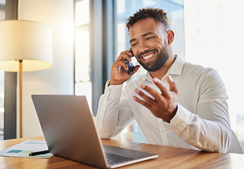Image showing Business, corporate and client deal phone call of a businessman working at an office computer. Sales marketing business man with a smile happy about career success, b2b bonus or executive promotion