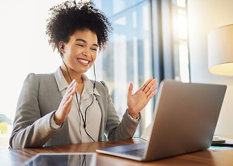 Image showing Webinar meeting, video call with business woman on laptop doing digital work presentation in office lens flare. Happy success corporate worker with smile in zoom meeting for global technology company