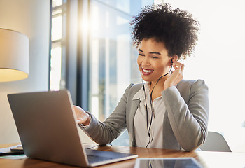 Image showing Laptop webinar, workshop training and video call with woman employee on global zoom in office or conference room. Happy corporate worker with smile in online meeting for technology company