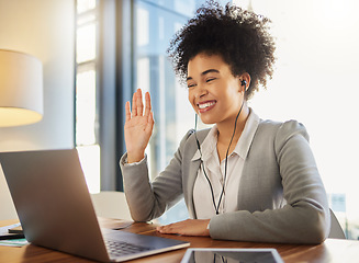 Image showing Laptop webinar, workshop training and business meeting on global zoom call in office or conference room. Happy smile woman waving and greeting on video conference tradeshow presentation or interview