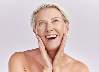 Image showing Senior, face and skincare woman happy with clear beauty, wellness and daily selfcare routine with mockup space. Happiness, smile and healthy person glowing, wrinkles and content portrait in studio