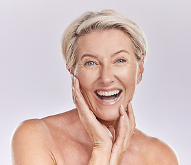 Image showing Skincare, beauty and wellness for mature skin, self care and body cosmetic of a happy, smile and healthy woman in studio. Portrait of excited, happy and smile model with clean face and complexion