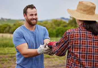 Image showing Sustainability farmer, agriculture plant and accountability growth mindset couple with on a farm, countryside field or nature. Happy man and woman with smile or eco environment garden farming workers