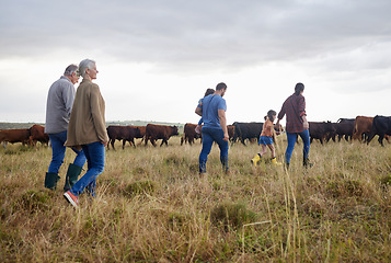 Image showing Family together, cattle field and business with people you love. Countryside farmer parents walking in meadow with children to bond. Relationship with kids and sharing ranch for next generation.