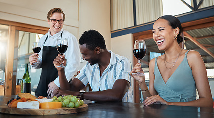Image showing Waiter, diversity friends or wine tasting farm with red alcohol drink glass on countryside restaurant. Happy smile or learning couple bonding or laughing with winery server on sustainability vineyard