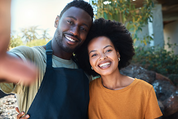 Image showing Portrait, black couple and love and mobile selfie or self photograph in nature to celebrate their honeymoon. Happy, man and woman taking pictures for social media post or content with a smile.