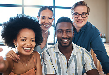 Image showing Selfie, diversity and friends smile together for social circle picture at casual drink event. Support, respect and happy bond in friendly relationships and relaxing with people you care for.