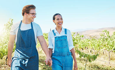 Image showing Farm, success, and love for wine, farmer couple in vineyard. Sustainability, development and distillery manufacturing wine. Happy man and woman work agriculture, alcohol and farming industry together