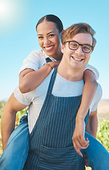 Image showing Love, smile and happy farmer couple in countryside, nature park or farm with growth in spring garden portrait. Interracial man and woman have fun on relax, sustainability and agriculture date