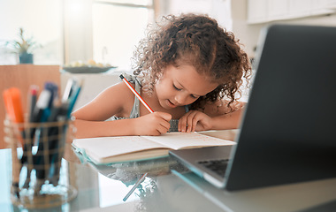 Image showing Kids distance learning online, covid and home school lesson with tech education and virtual teaching on laptop video call. Young girl, child and student writing homework, assignment and studying test