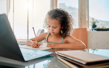 Image showing Zoom class, home school lesson and online education with little kid writing homework and test for distance learning on video call laptop. Child, young girl and student studying with virtual teaching