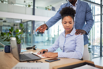 Image showing Human resources, sexual harassment and office woman with businessman, manager or boss inappropriate behavior in corporate. HR company employee compliance, policy and scared and uncomfortable worker