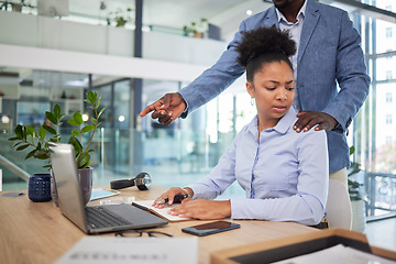 Image showing Workplace harassment, sexual abuse and unprofessional behavior from manager and business man touching a coworker in an office. Woman feeling uncomfortable, scared and worried about unwanted advances