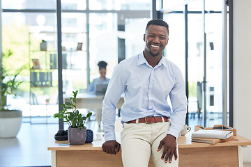 Image showing Smiling, motivated and ambitious business man feeling excited about a new job opportunity in creative office. Portrait of confident and inspired marketing agent with vision, growth mindset and ideas