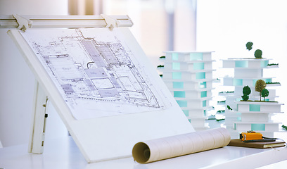 Image showing Blueprints, architecture and design of building model with plans for construction in architectural office. Creative engineering, vision and real estate or residential planning with 3D structure