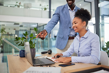 Image showing Learning, laptop training and coaching business intern while manager, boss and ceo helps woman in office. Planning ideas, kpi strategy and market innovation vision on technology with marketing leader