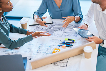 Image showing Blueprints, architects and building engineers talking, meeting and planning renovation, remodeling or floor plan with tablet. Diverse group of designers arguing over structure design and vision ideas