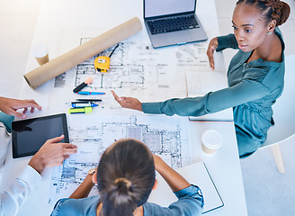 Image showing Architects and business woman discuss building project plan, taking notes on laptop and digital tablet. Professional construction and engineering design firm planning real estate pricing negotiation.