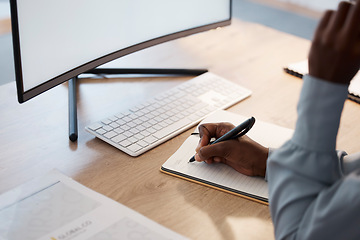 Image showing Writing ideas, planning business worker in an office with notebook and blank desktop computer monitor looking online for inspiration. Professional writer or journalist making notes for online website