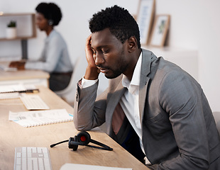 Image showing Tired, sleeping and overworked while working late in a call center or telemarketing agency. Stress, burnout and fatigue while putting in long hours for customer service, CRM and contact us support