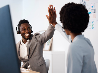 Image showing Customer service, call center and high five between colleagues celebrating a sale, reaching target or success at desk. Telemarketing agents or operators offering support, motivation and good service