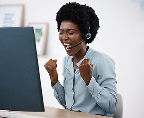 Image showing Happy business woman meeting target, excited black girl in corporate and virtual assistant hired. Dark skin African at work, home office desk, computer headphones and remote work team online call