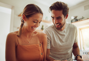 Image showing Happy laughing couple with smile bonding and having fun while having time together at home. Joke, in love and carefree couple talking and sharing a funny moment while enjoying the weekend.