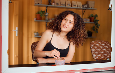 Image showing Startup, boss or small business ceo of a cafe, coffee shop or pop up restaurant and fast food waiting for customers. Happy woman manager with mindset for vision, success and growth for profit goals