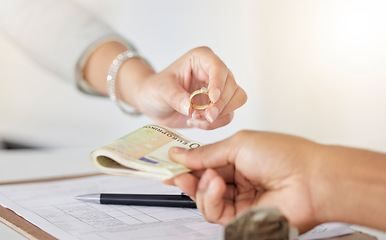 Image showing .Cash exchange, gold ring and diamond evaluation sale for woman with financial study debt. Jewellery seller, money and goldsmith deal at pawn shop for bankrupt person with loan payments.