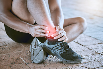 Image showing Runner with medical sports running injury and swollen ankle pain. Male athlete treating foot sprain, man with fitness training emergency and sore leg muscle from cardio workout with exercise shoes.