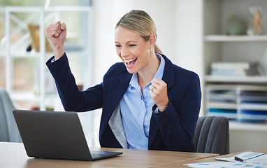 Image showing Happy, excited and success business woman celebrating with laptop online, winning and cheering for achievement while working in office at work. Corporate and professional worker receiving good news