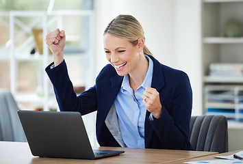 Image showing Happy and excited crypto winner celebrating stock market success while reading on laptop, winning and cheering for online bonus in an office. Corporate woman getting good news about investment growth