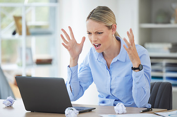 Image showing Burnout, fail and angry corporate employee with laptop stress, review and frustrated in marketing or advertising office. Accounting, compliance and doubt with worker in finance business office