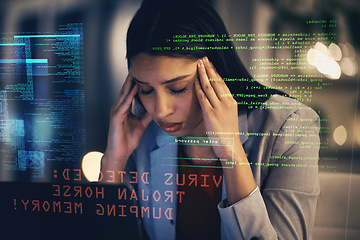 Image showing Stress, headache and programmer with depression gets a cyber security attack, virus or glitch. Anxiety, tired and sad business woman or worker in iot and big data hacked by a hacker at work.