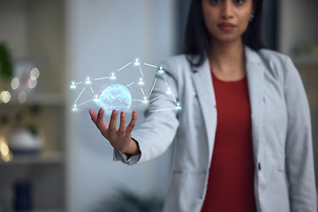 Image showing Businesswoman holding a digital globe, tech and networking at the office in the future. Big data, ai and a virtual sphere and social hologram showing connections between people.