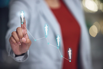 Image showing Networking, investigation and touchscreen technology with the hand of a business woman pointing to you or demographics. A female user touching a screen with digital overlay and connecting the world