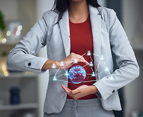 Image showing Technology, ai and networking of a business woman holding virtual interface at work. Female big data leader showing her network and social connections over a copy space background in a modern office.