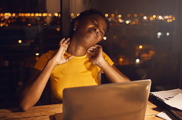 Image showing Neck pain, studying hard and work stress of a young female student working late for a test or exam. Stressed, tired and anxious preteen girl work at night on a school study class project inside