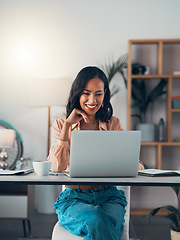 Image showing Working from home on laptop, freelance blogger and entrepreneur thinking, planning and reading blog post or story vision. Smiling, ambitious or motivated writer watching online webinar on technology