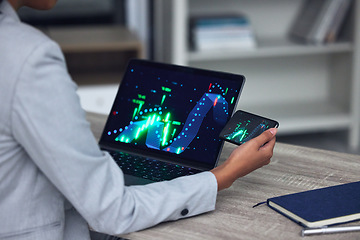 Image showing Finance, saving and investment with the hands of a female broker on a laptop and phone with CGI, special effects and digital screen. Closeup of a banker, accountant or manager working on growth