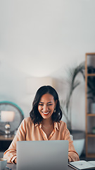 Image showing Female marketing agent networking online on laptop, planning with internet and working at an advertising agency. Smiling female corporate worker reading emails, making connections and searching web