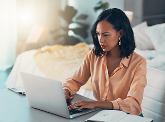 Image showing Confused, working and typing business woman having internet problems and thinking on a computer. Remote female online employee alone with a tech problem, web 404 error report or job trouble at home